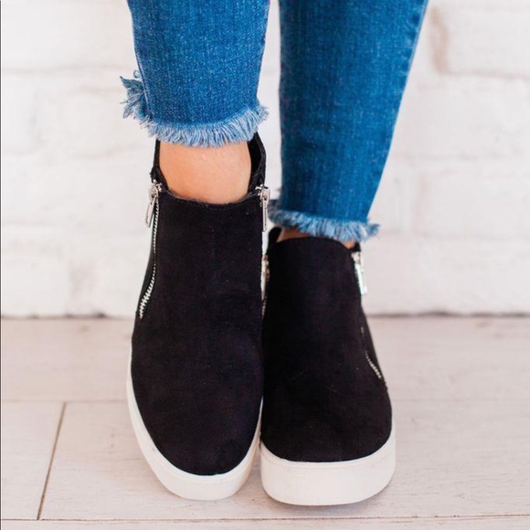 Black Micro suede  hidden wedge sneaker - Picture 4 of 10
